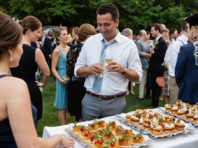 Wedding cocktail hour with guests enjoying hors doeuvres and drinks