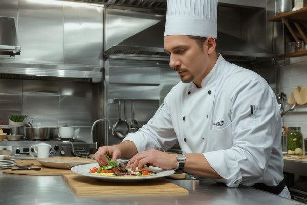 Chef carefully plating gourmet dish with focus and precision