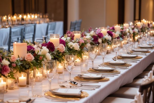 Elegant wedding reception with beautifully plated dishes and romantic lighting