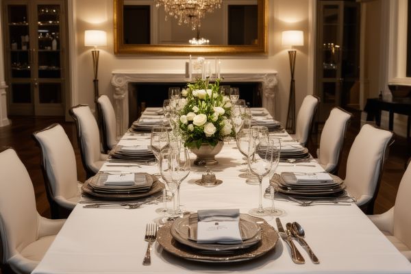Intimate private dinner setting with elegant table arrangement and gourmet food