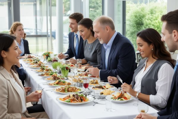 Professional corporate event with business people enjoying catered lunch