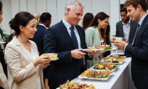 Business professionals networking at corporate event with catered food