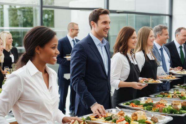 Professional corporate event with business people enjoying catered lunch presentation