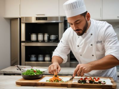 Chef preparing gourmet dish in home kitchen for private dinner service