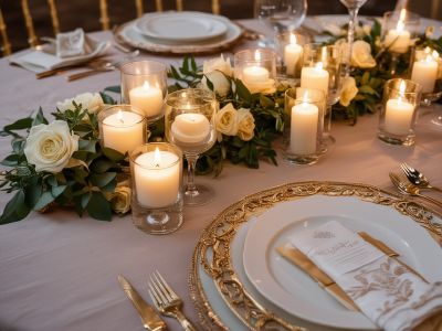 Romantic candlelit wedding dinner setting with elegant place settings