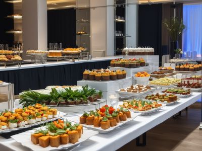 Product launch event with modern catering setup and stylish presentation