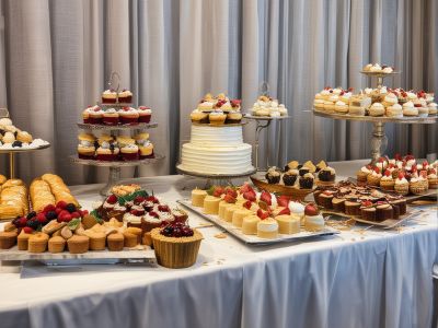 Wedding dessert station with beautiful pastries and sweet treats