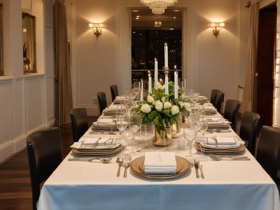 Intimate private dinner setting with elegant table arrangement and gourmet plated dishes