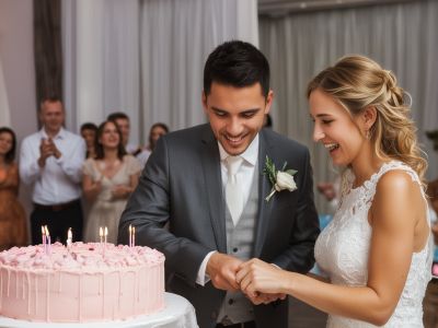 Happy wedding couple cutting cake with guests celebrating in background