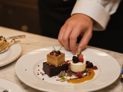 Chef presenting beautifully plated dessert course during private dinner