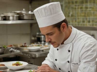 Professional chef carefully plating gourmet dish with focus and precision