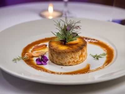 Beautifully plated wedding dish with elegant presentation and romantic lighting