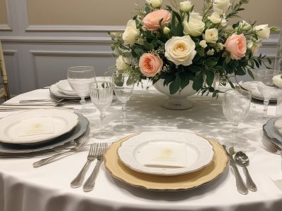 Elegant wedding reception table setting with fine china and floral arrangements