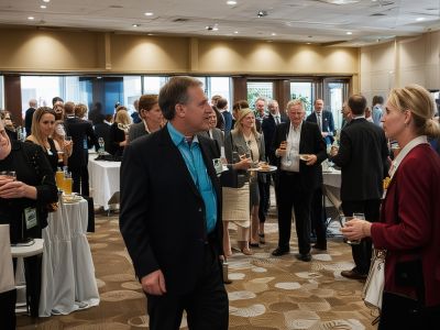 Business conference with attendees networking and enjoying refreshments