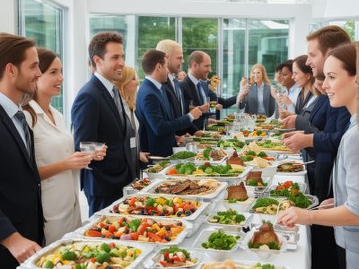 Professional corporate event with business people enjoying catered lunch presentation