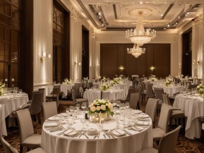 Corporate gala event with elegant dinner service and sophisticated atmosphere