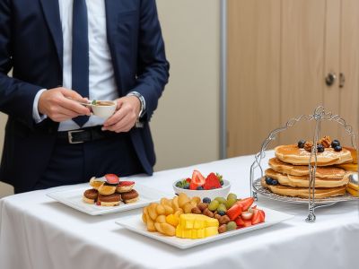 Business meeting with catered breakfast and professional presentation