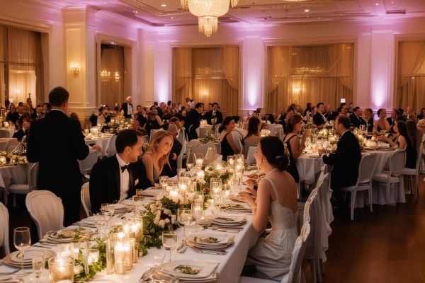 Beautifully arranged catering table with guests