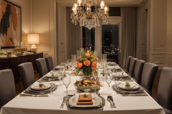 Intimate private dinner setting with elegant table arrangement and gourmet plated dishes