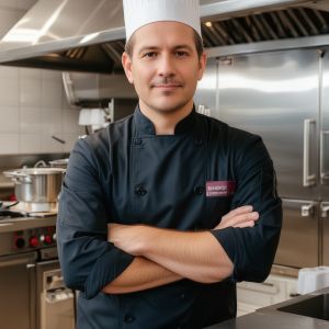 Executive chef in professional kitchen attire with passionate expression